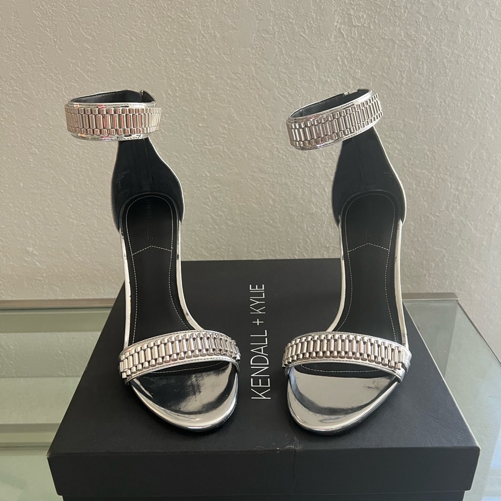 Kendall & Kylie Shiny Silver Ankle Strap Heels